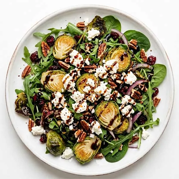 Charred brussels sprouts salad with feta & balsamic glaze